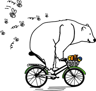 Logo "Ladrón de Miel": Dibujo de un oso montando en bicicleta perseguido por abejas